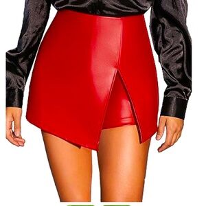 Red PU Leather Split Hem Skort